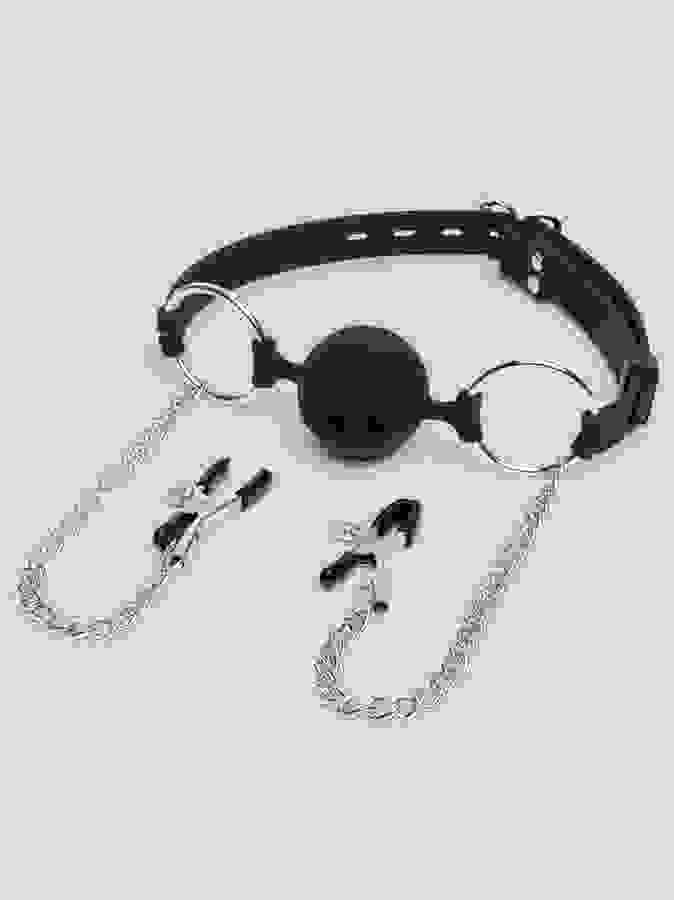 DOMINIX Deluxe Large Breathable Ball Gag with Nipple Clamps, Black, hi-res